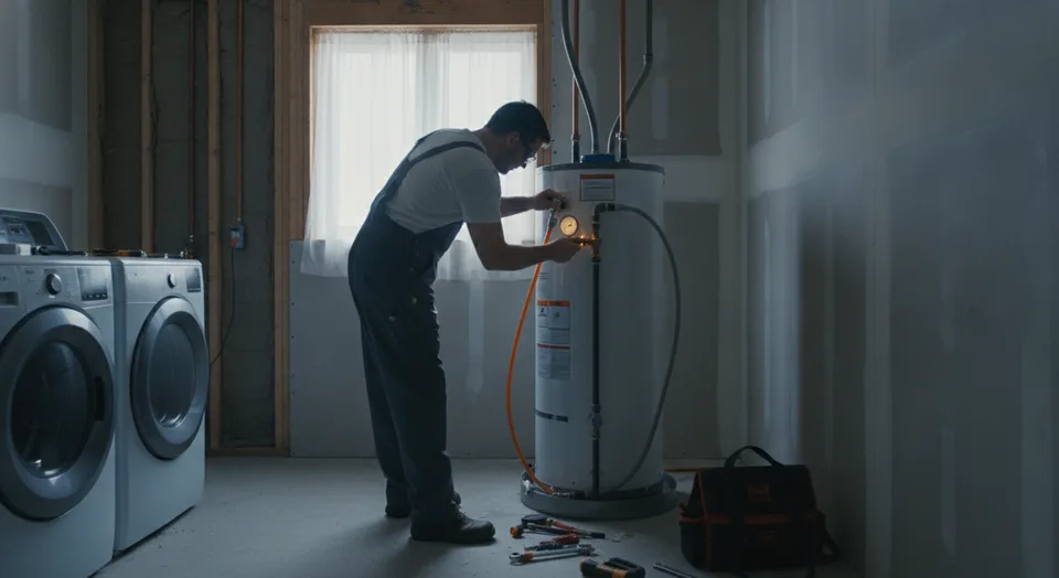 A technician testing the gas connection on a newly installed water heater in the utility room of a Waterloo, Ontario home